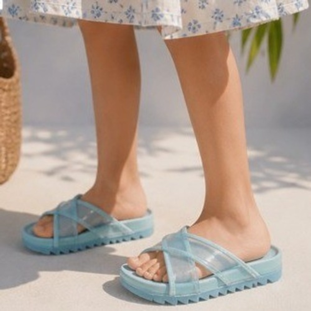 Crewcuts Girls Cross Strap Pool Slides Sandals Vacation Blue Jelly Belly K10